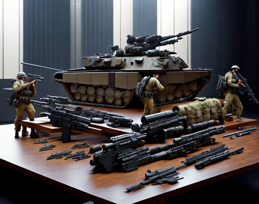 Miniature military tank surrounded by model soldiers and weaponry on wooden table