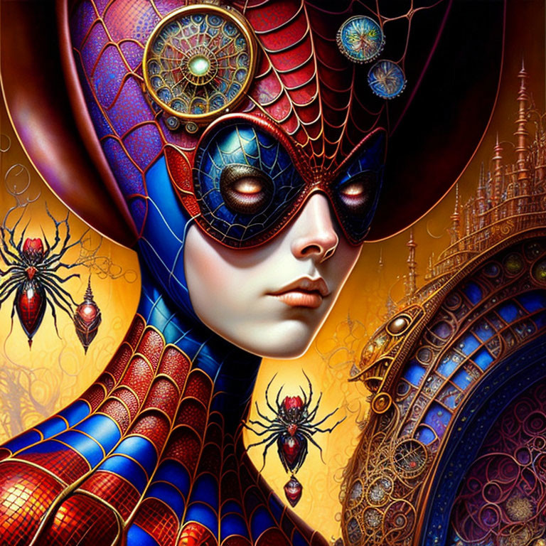 Colorful surreal artwork: Woman in spider-themed costume with intricate patterns.