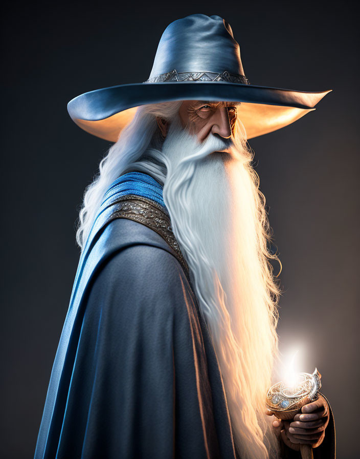 Elderly wizard with white beard and blue hat holding glowing sphere