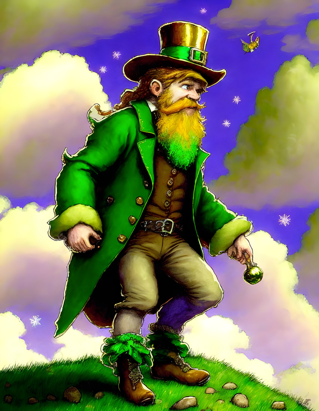 Vibrant leprechaun illustration with coin in green attire and hat against colorful sky