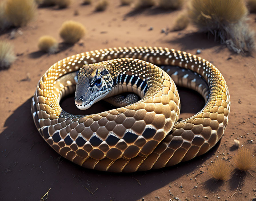 Patterned Snake Resting on Sandy Surface with Grass Surroundings