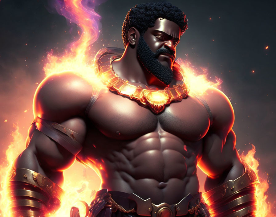 Muscular bearded man in fantasy armor engulfed in flames