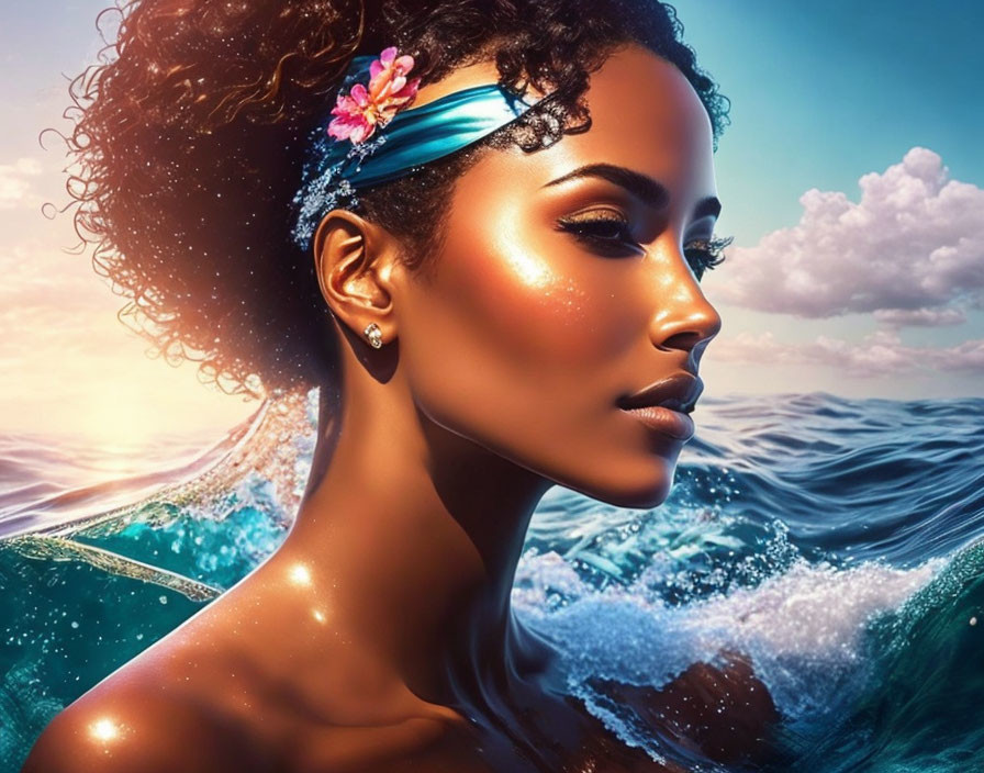 Digital artwork of woman with tanned skin and curly hair merging with ocean waves under sunset sky