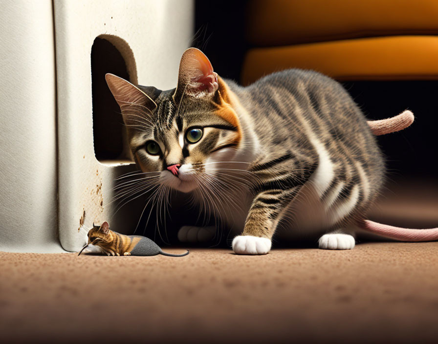 Tabby cat and mouse in a tense encounter near a mouse hole