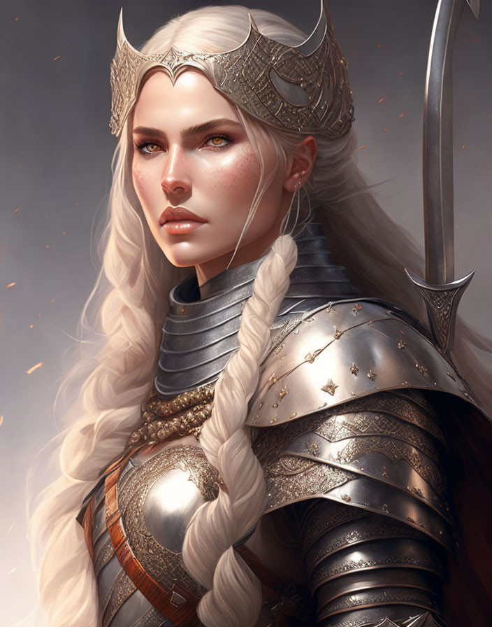 Female warrior in silver armor with crown and sword