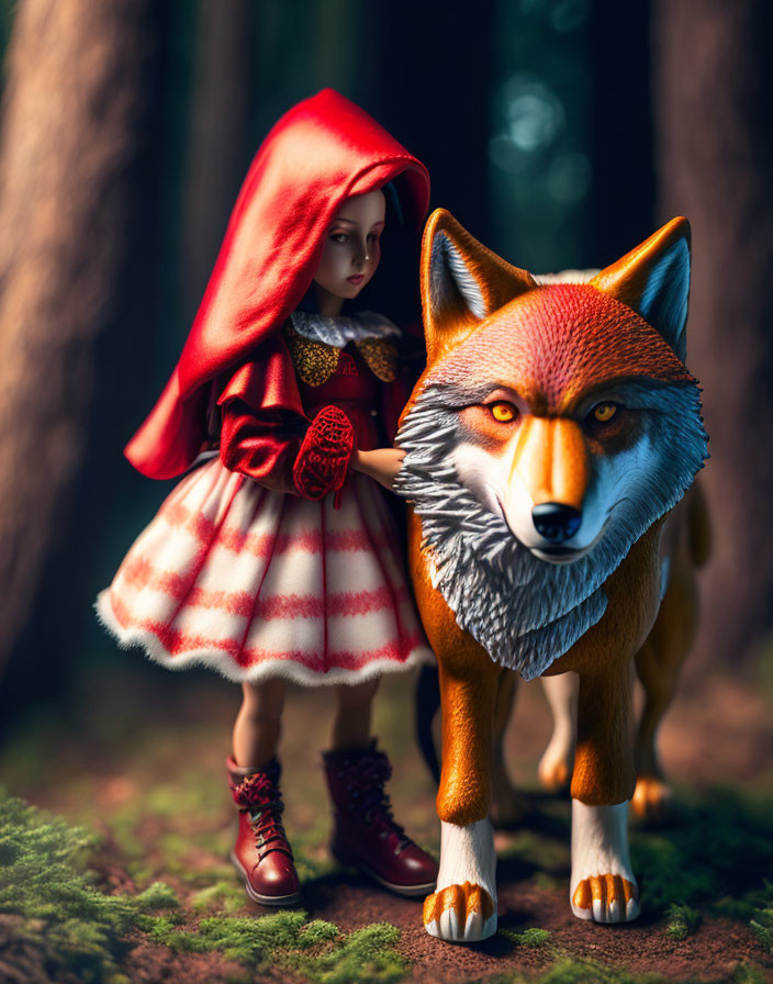 Doll resembling Little Red Riding Hood with wolf in fairytale scene