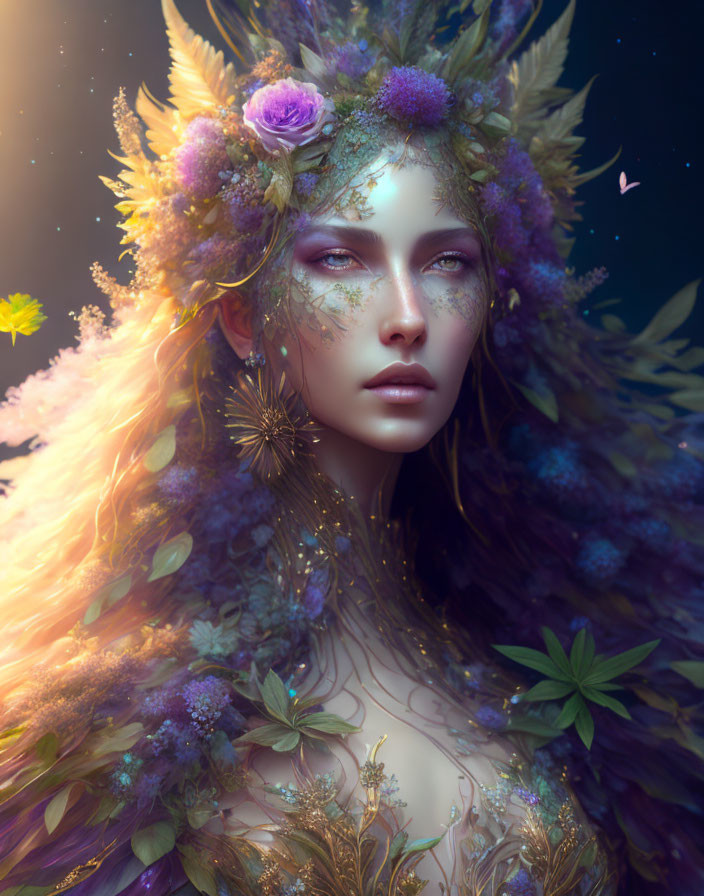 Mythical woman with floral headdress and butterflies in digital art