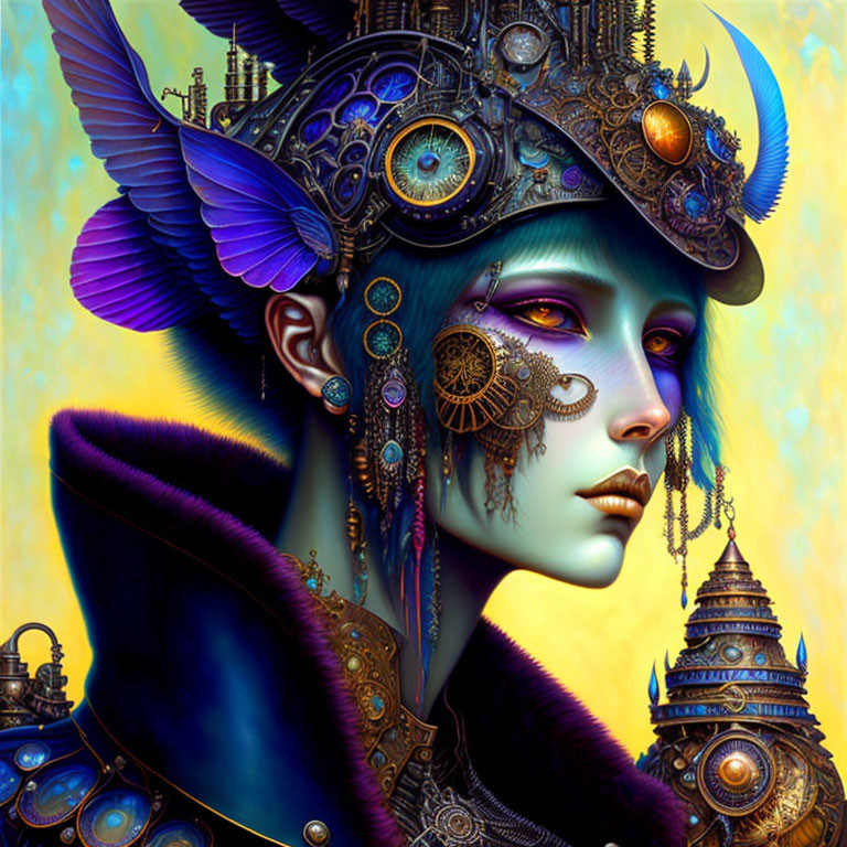 Person with blue skin in steampunk headgear on golden-blue backdrop