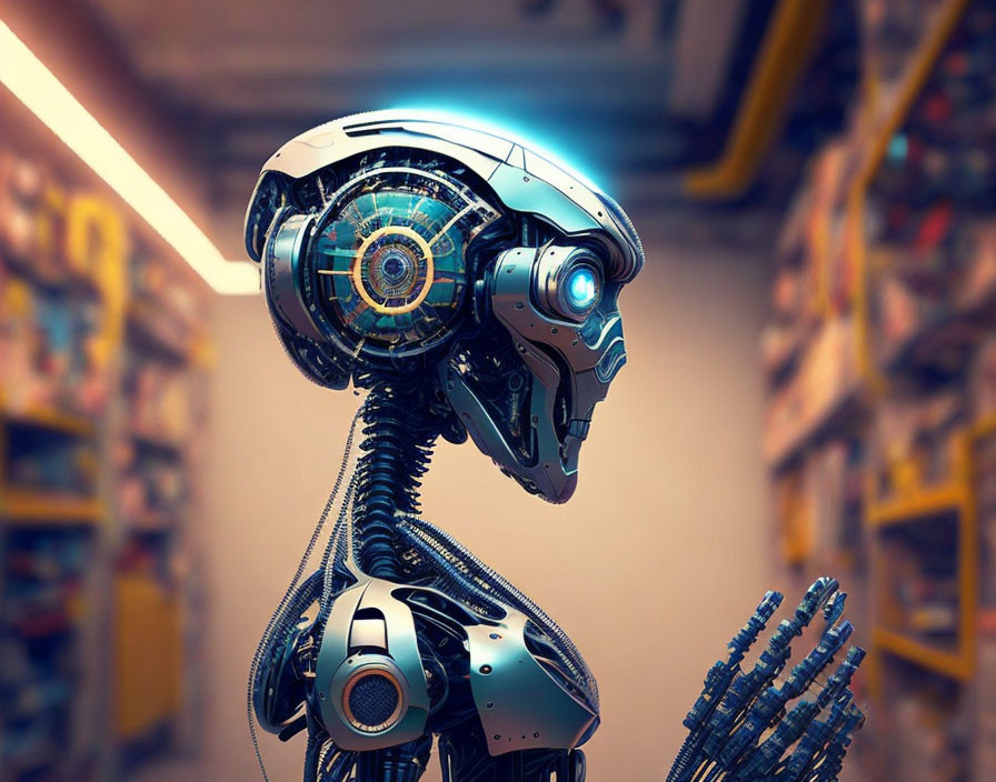 Detailed Futuristic Robot Torso with Glowing Blue Elements on Shelves