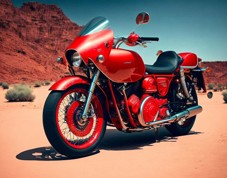 Red Motorcycle with Chrome Details Parked in Desert Landscape