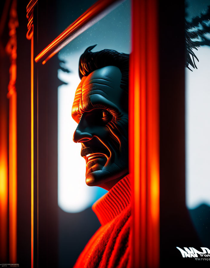 Stylized portrait of a Joker with shadows and red lighting, peering out of a window