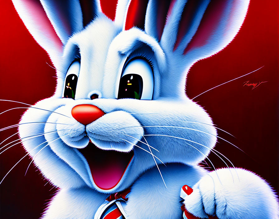 Blue Cartoon Rabbit with Red Tie on Red Background