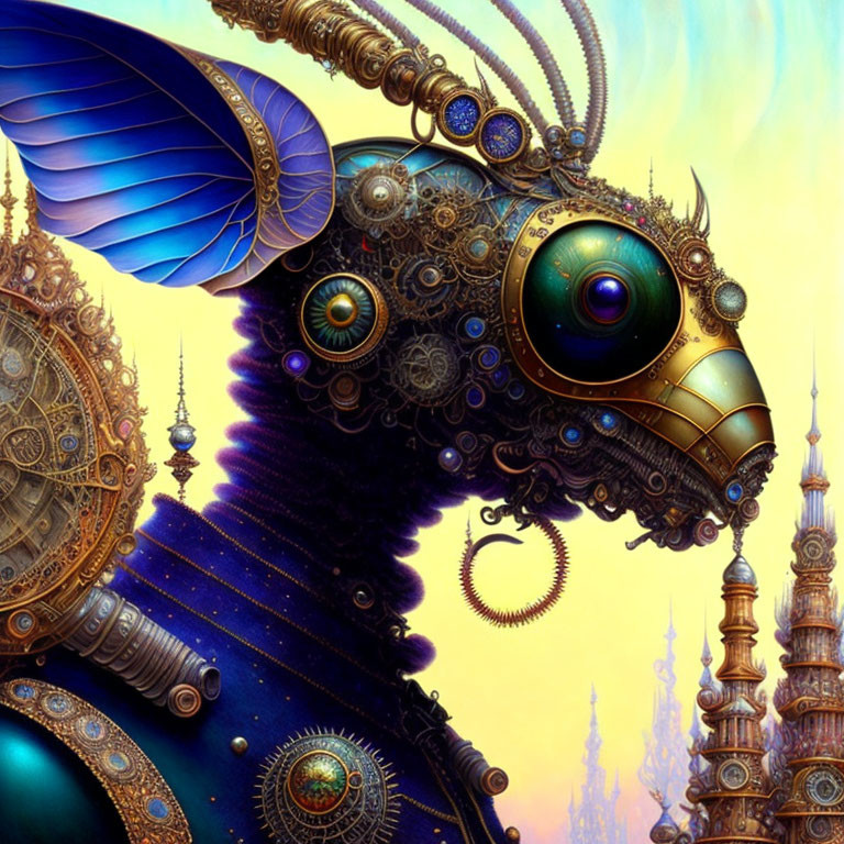 Steampunk-style bird illustration with vibrant blue hues and intricate mechanical features