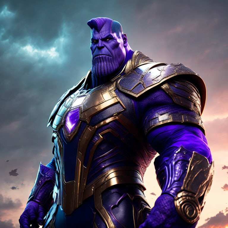 Purple-Skinned Muscular Character in Detailed Armor Suit under Dramatic Sky