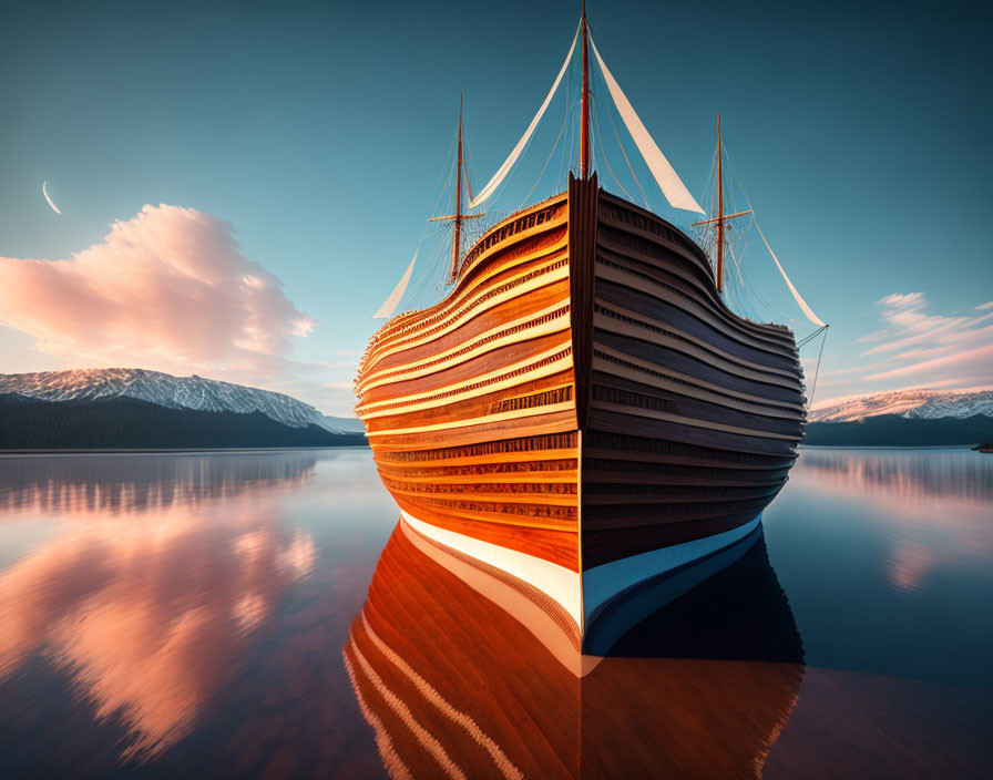 Wooden ship reflected on glass-like lake with mountains and crescent moon