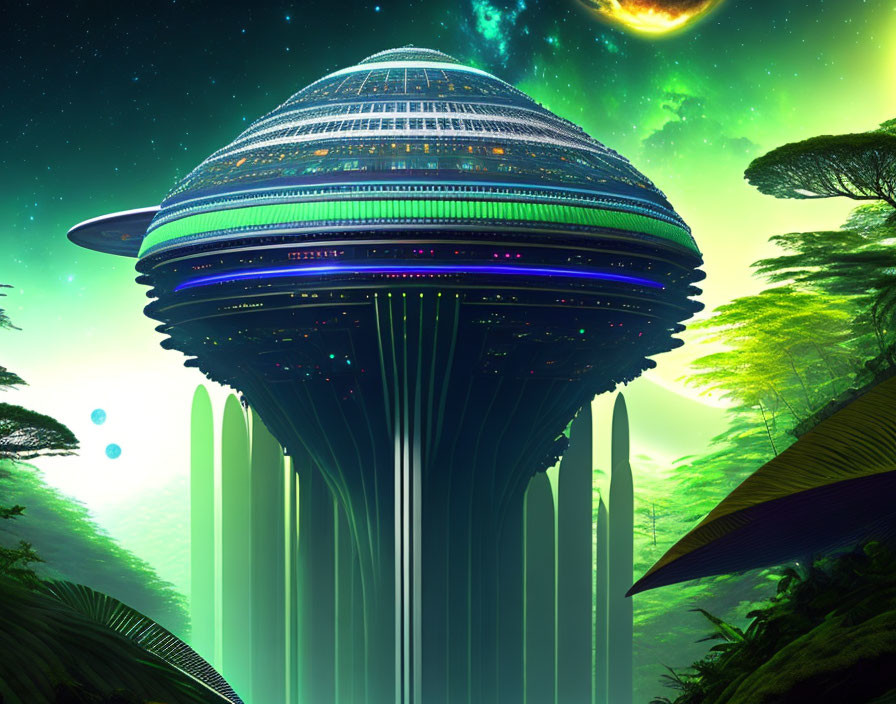 Futuristic cityscape with dome skyscraper and alien flora under green-tinged sky