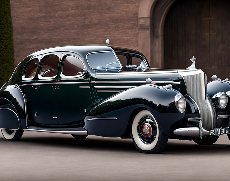 Vintage Black Car with Chrome Details and Whitewall Tires on Blurred Background