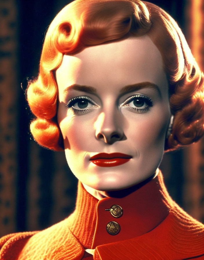 Vintage Portrait of Woman with Styled Red Hair and Bold Makeup in High-Collar Orange Top