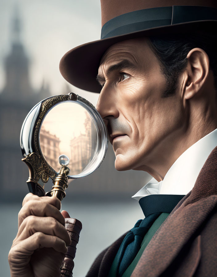 Classic detective costume with hat and magnifying glass in cityscape.