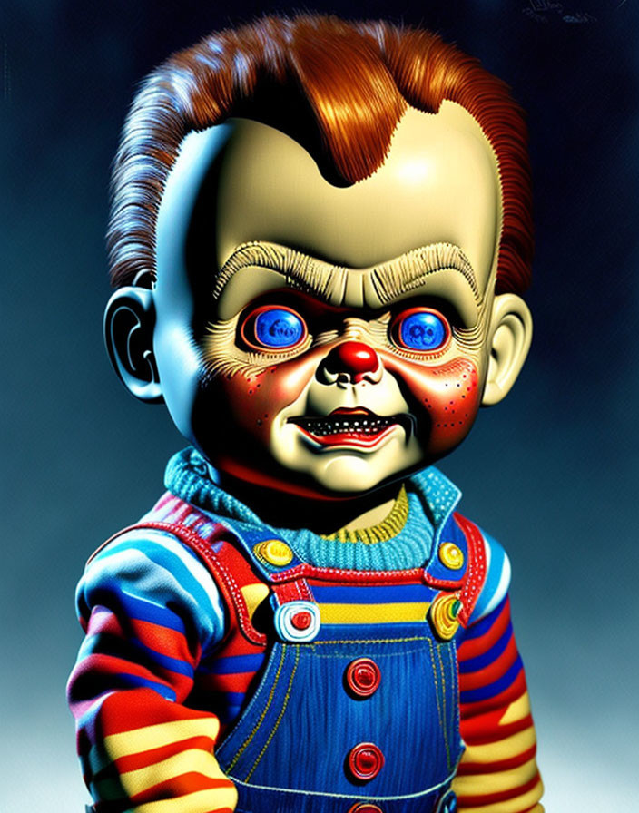 Creepy doll digital artwork with blue eyes and malevolent grin