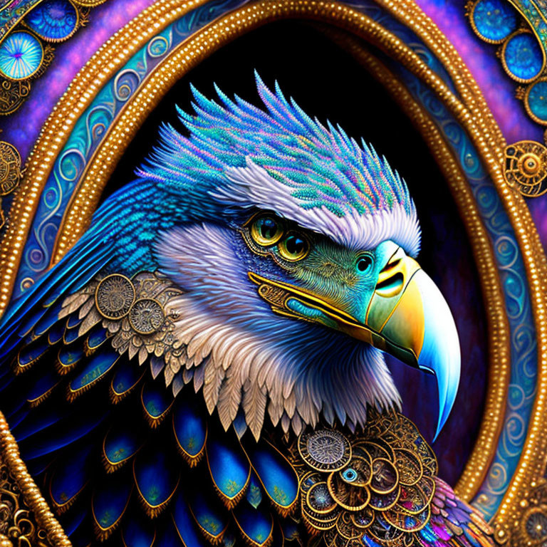 Vibrant blue feathered eagle with golden patterns on mystical background