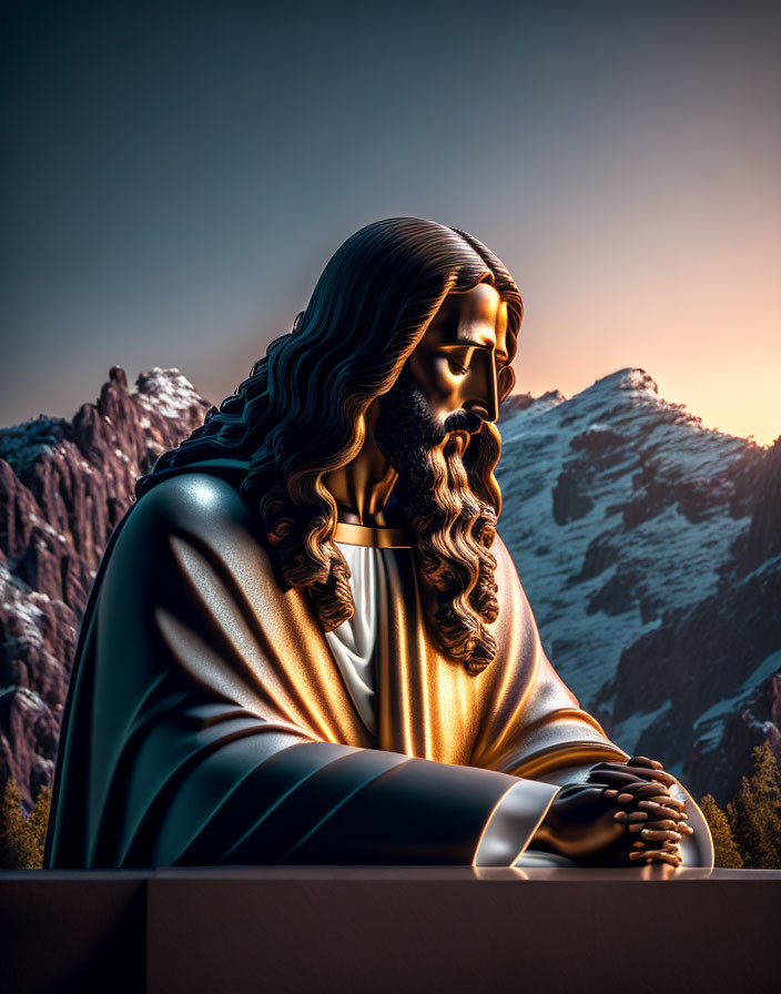 Bearded figure in robes against mountain backdrop at sunrise.