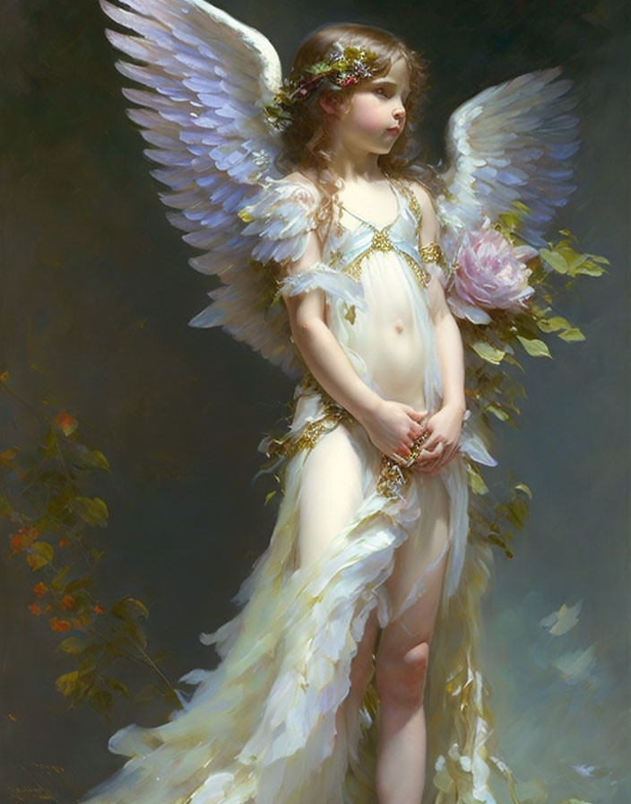 Angel Child Painting with Delicate Wings and Pink Flower