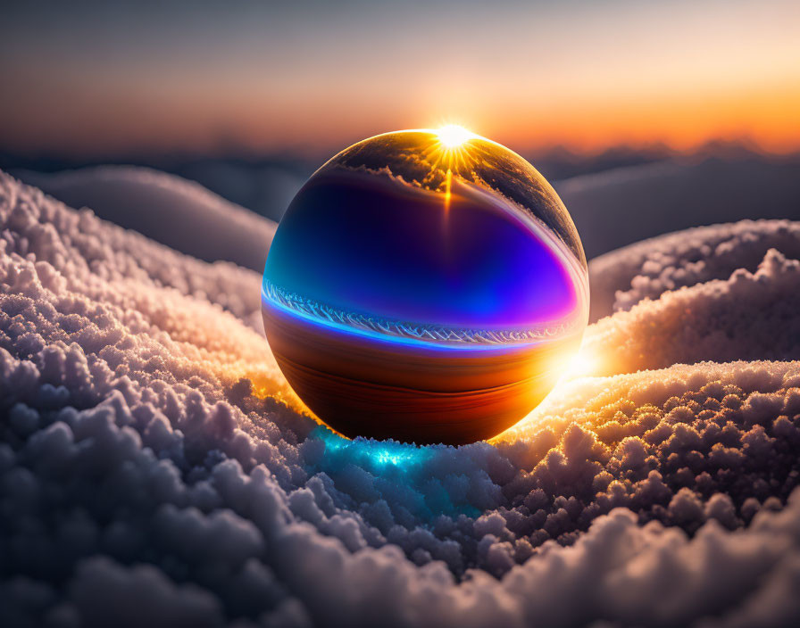 Crystal Ball Illuminated on Snowy Ground Reflecting Sunrise over Mountains