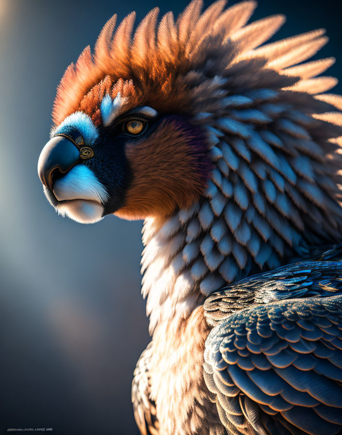 Mythical eagle with lion-like mane, colorful feathers, and blue eyes