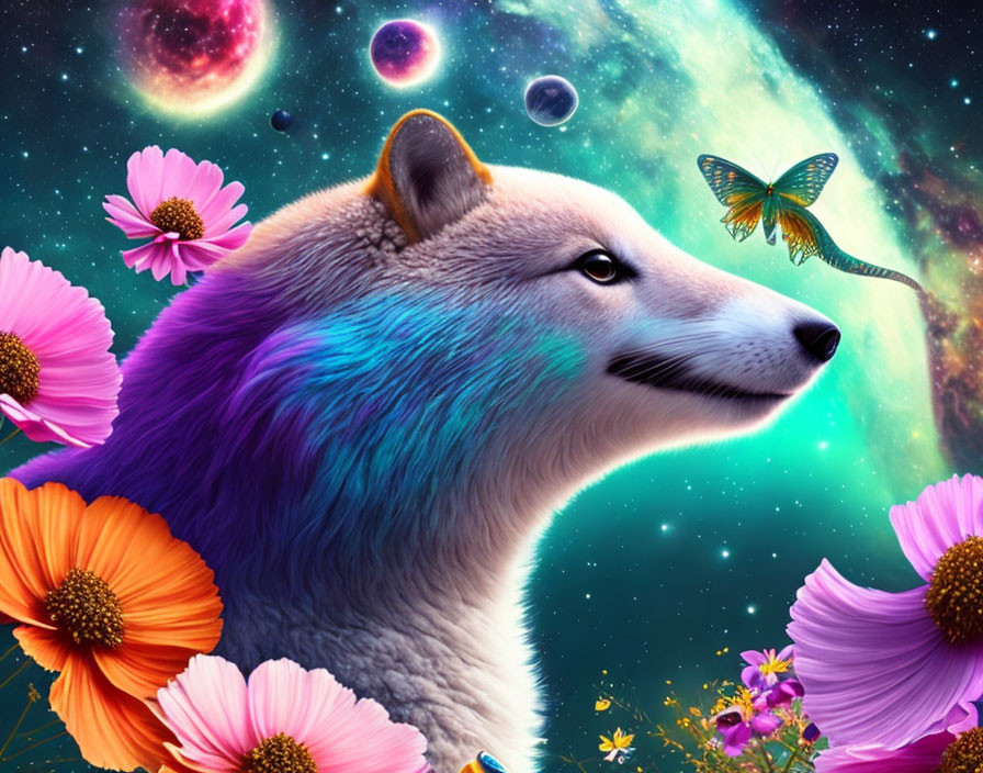 Colorful cosmic wolf profile with flowers and butterfly on starry space background