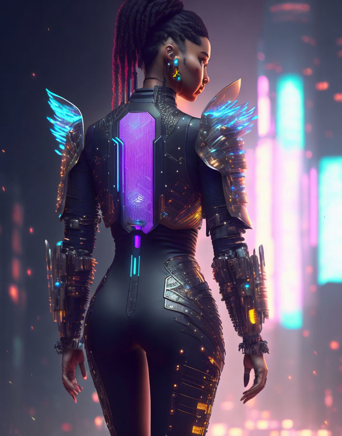 Futuristic woman with cybernetic arms in neon-lit cityscape