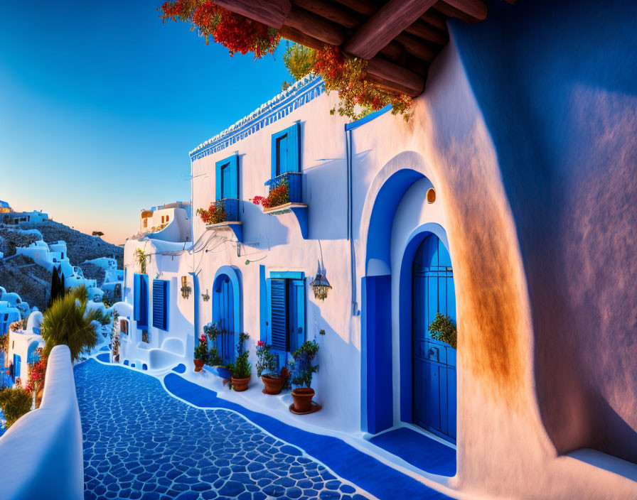 Traditional White Houses with Blue Doors and Cobblestone Pathway Amidst Blooming Flowers