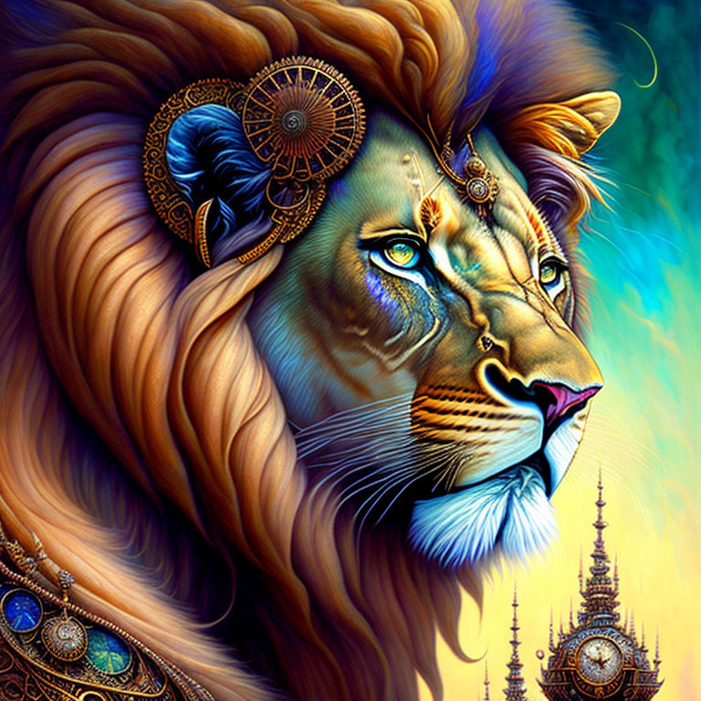 Regal lion illustration with intricate jewelry and patterns