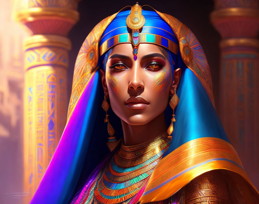 Vibrant digital artwork: Woman in Ancient Egyptian headdress & makeup