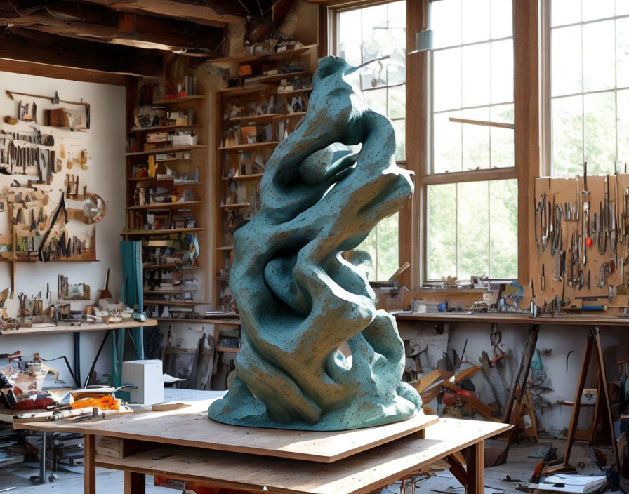 Blue abstract sculpture on wooden table in cluttered artist's studio