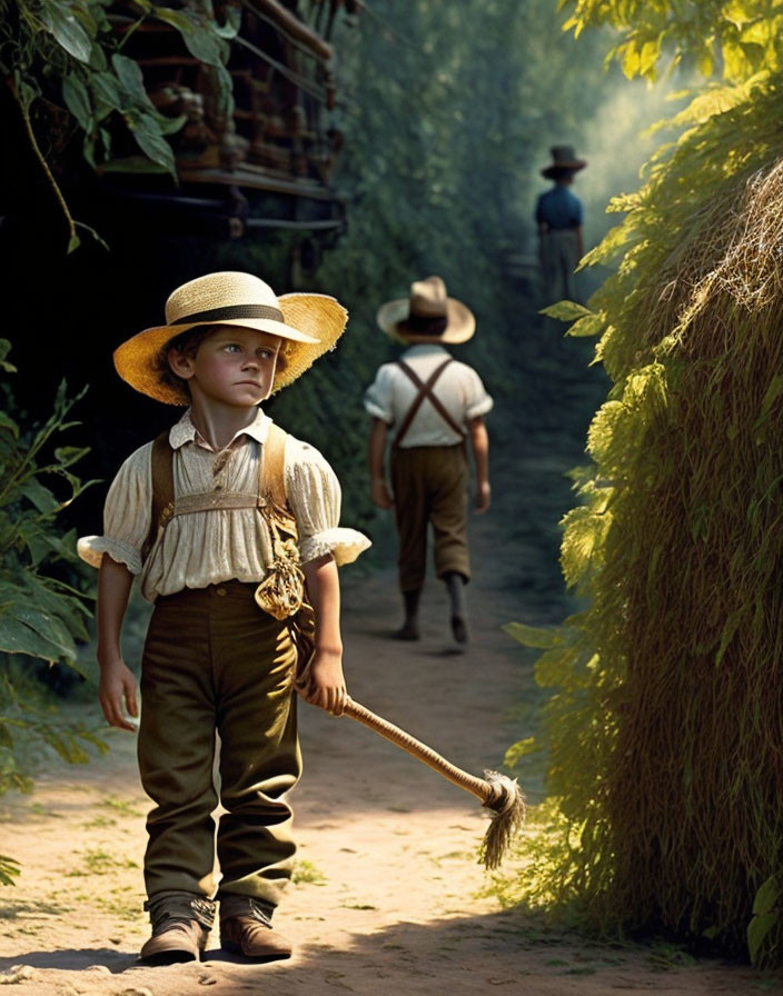 Child in vintage attire with broom on dirt path among adults in rustic setting