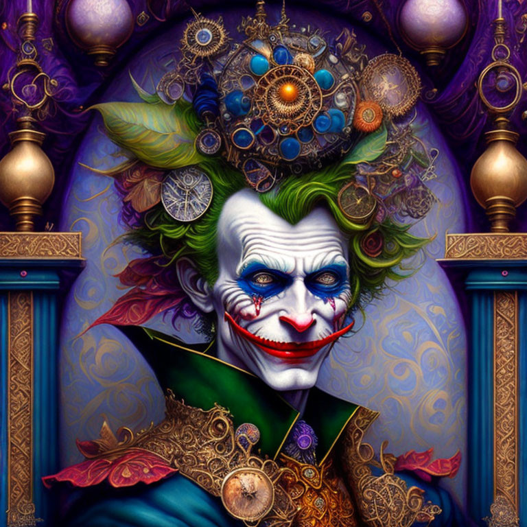 Vibrant Joker portrait with intricate headgear on purple and gold backdrop