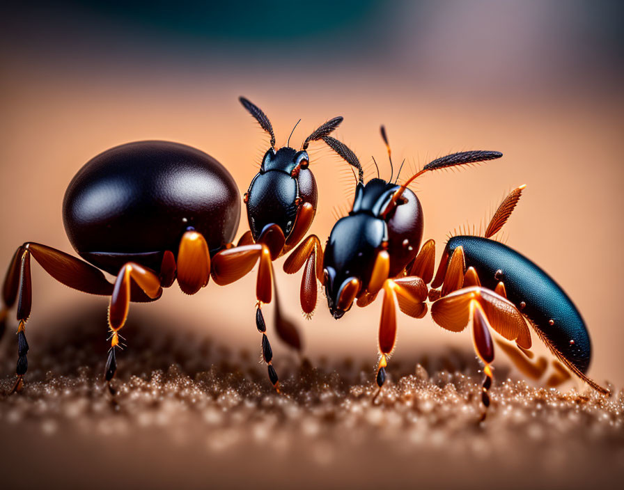 Three glossy ants on sandy surface with warm, soft-focus background