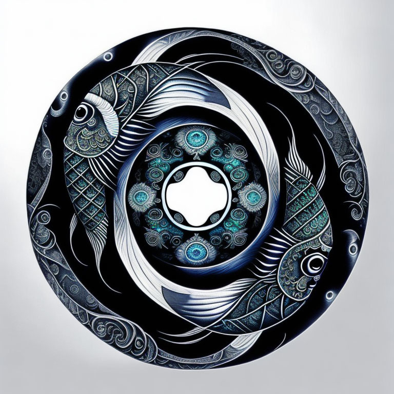 Intricate fish and wave pattern in blue and black on circular art piece