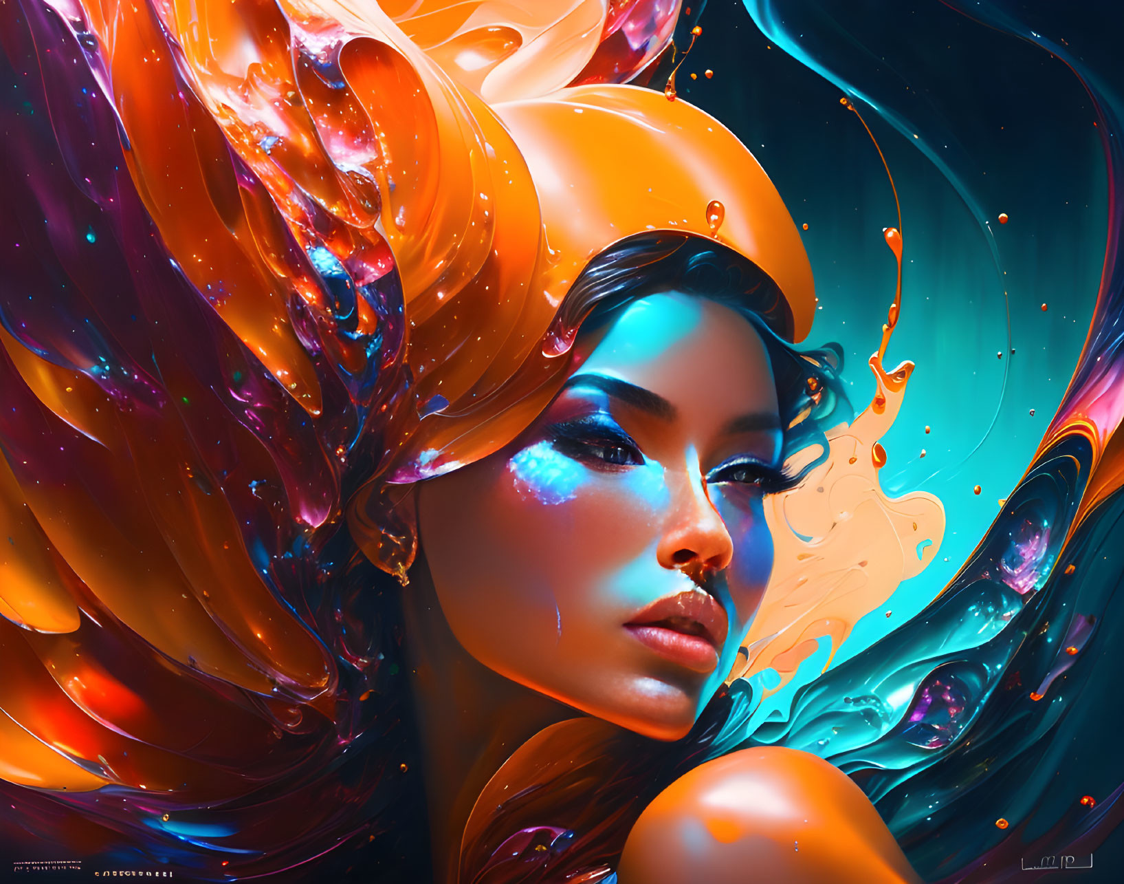 Colorful digital artwork: Woman with flowing hair and abstract liquid shapes