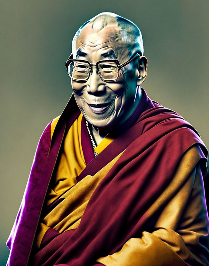 Stylized portrait of smiling man in Tibetan monk robes with eyeglasses