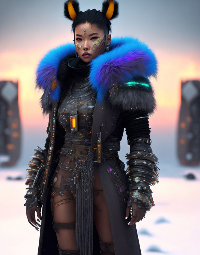 Futuristic warrior in neon blue and black fur-lined armor