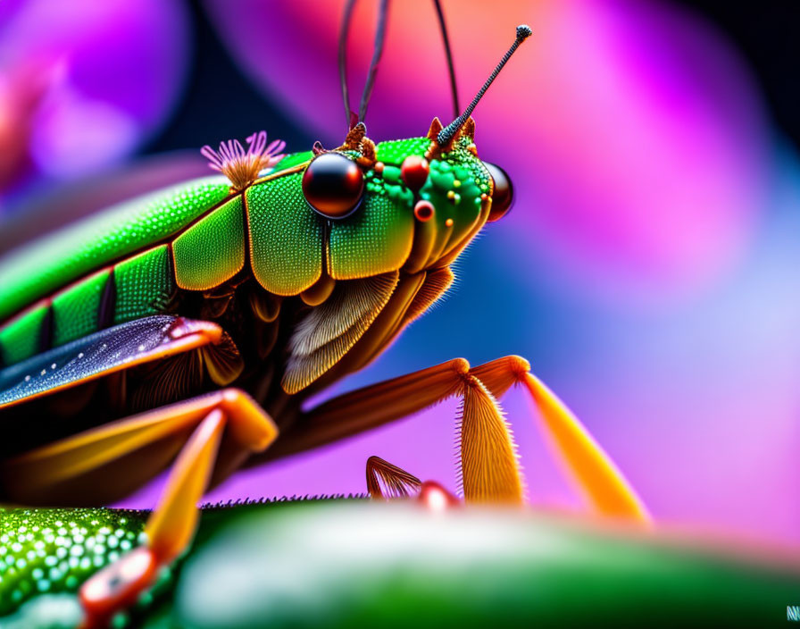 Colorful Insect with Long Antennae on Vibrant Green Body