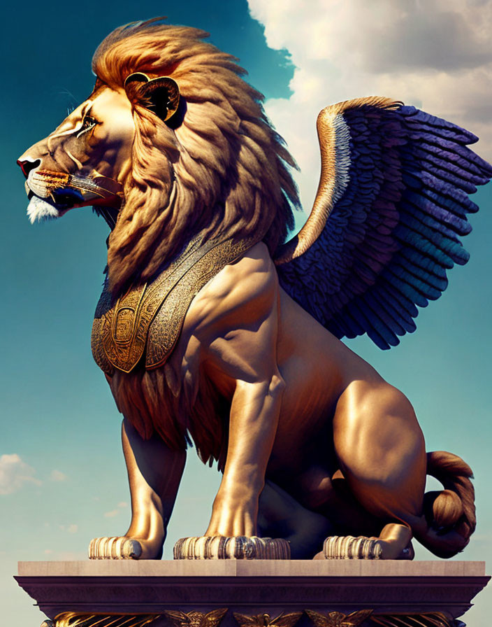 Majestic winged lion with golden mane and armor against blue sky