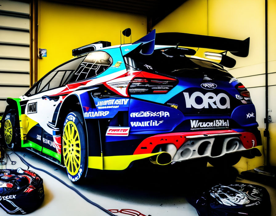 Colorful Racing Car with Blue, Yellow, Red, Black Livery and Sponsor Logos in Garage