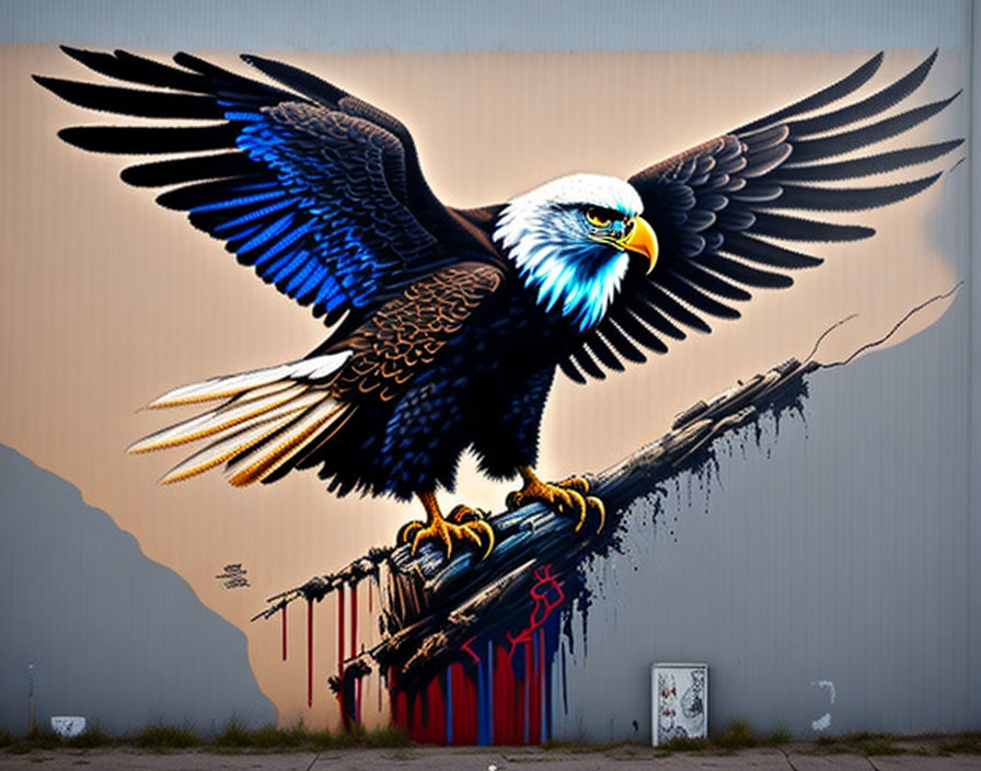 Colorful wall mural of eagle in flight with blue wings and sharp claws on branch.