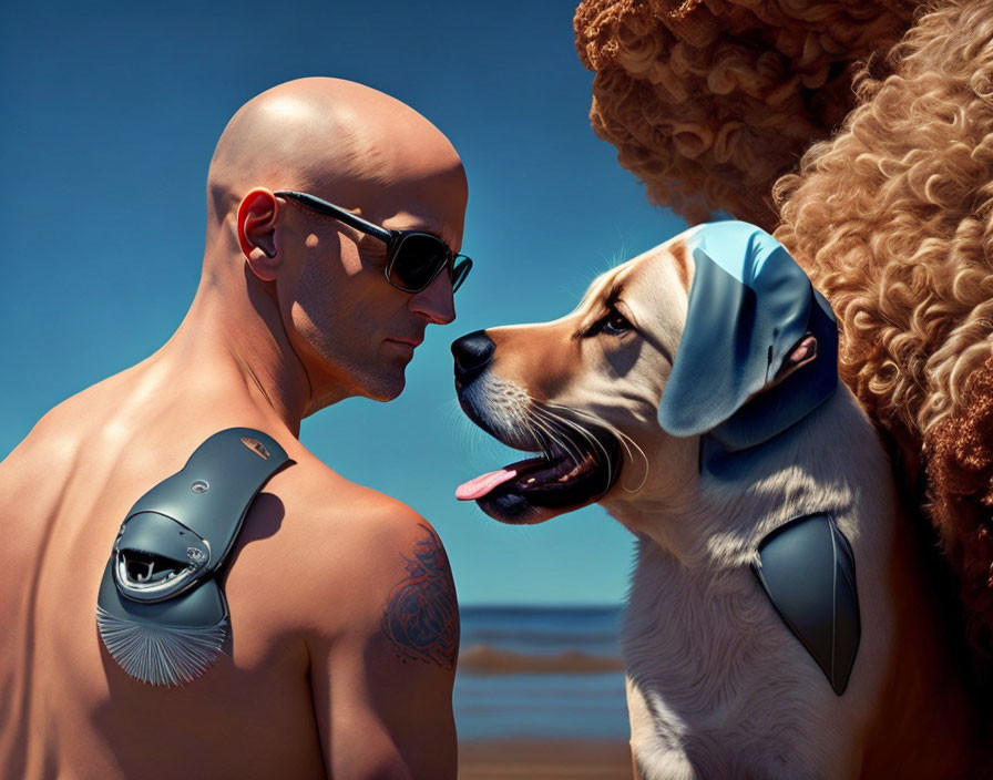 Digital artwork of bald man with sunglasses and tattoo facing muscular dog in bandana at beach