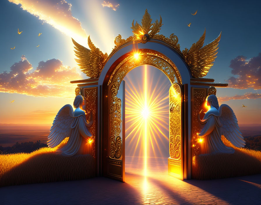 Golden gate with angelic figures and wings against sunset sky and wheat field