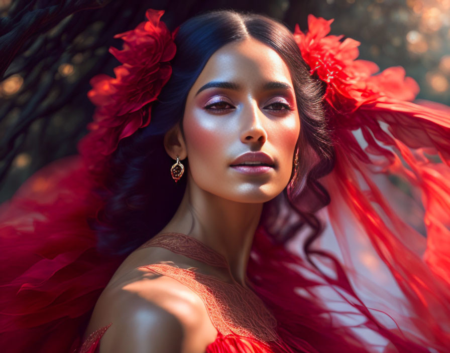 Woman with red flowers in hair and vibrant dress in soft-focus background