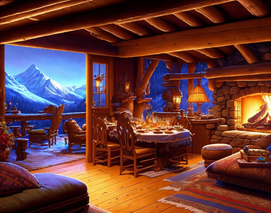 Warmly lit mountain cabin interior with fireplace, wooden furniture, dining table, snowy mountain view.